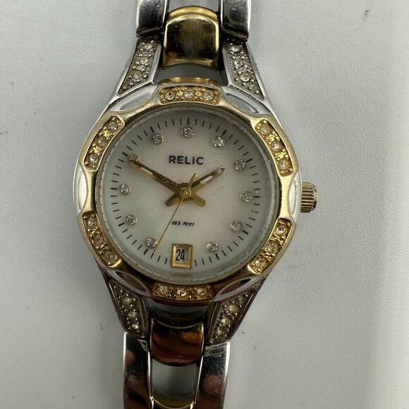 3/$30 Relic Watch Women Silver/ Gold Crystal Bezel Date Window MOP Dial 6.5" - Picture 1 of 16